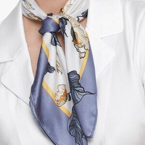 Chic Floral Silk Scarf with Steal Blue and Yellow